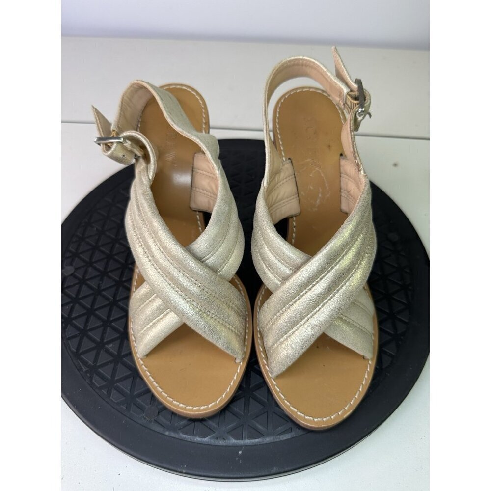 J. Crew Low Block Heel Sandals Ankle Strap Leather Sz 6 Gold - Picture 2 of 10